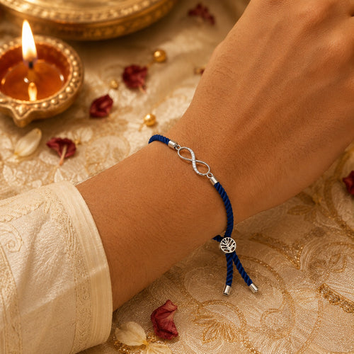 925 Sterling Silver Infinity Rakhi for Brother | Premium Blue Thread Rakhi | Elegant Infinity Charm Raksha Bandhan Gift