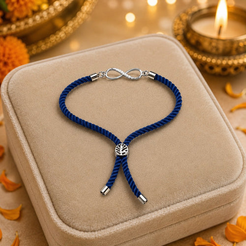 925 Sterling Silver Infinity Rakhi for Brother | Premium Blue Thread Rakhi | Elegant Infinity Charm Raksha Bandhan Gift