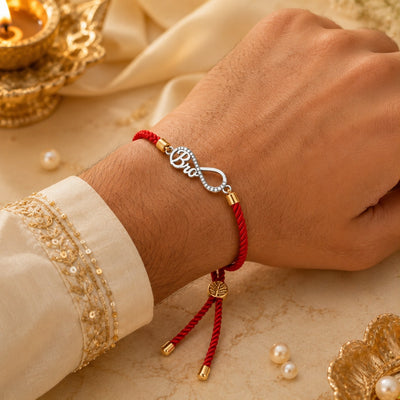 Pure Silver Infinity Rakhi for Brother – Premium Red Thread Rakhi with Bro Charm
