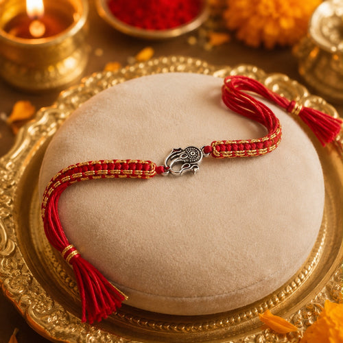 925 Sterling Silver Ganesha Rakhi for Brother | Handmade Red Mauli Thread Rakhi | Ganesh Rakhi Gift for Raksha Bandhan