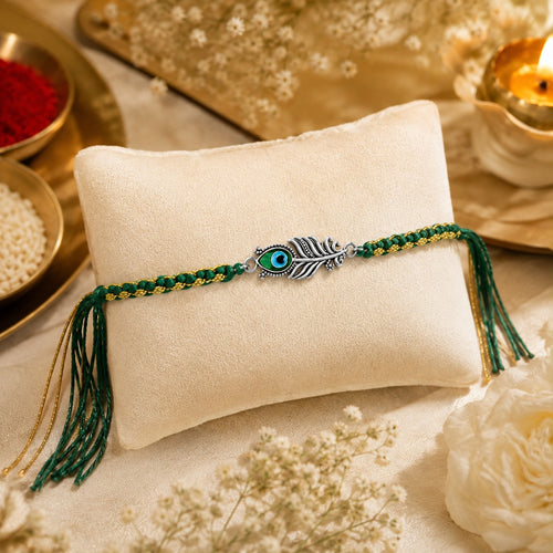 925 Sterling Silver Morpankh Rakhi for Brother | Designer Peacock Feather Rakhi | Green & Gold Thread Raksha Bandhan Gift