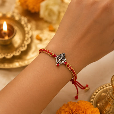 925 Sterling Silver Ganesha Rakhi for Brother | Handmade Red Mauli Thread Rakhi | Ganesh Rakhi Gift for Raksha Bandhan