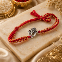 Load image into Gallery viewer, 925 Sterling Silver Ganesha Rakhi for Brother | Handmade Red Mauli Thread Rakhi | Ganesh Rakhi Gift for Raksha Bandhan
