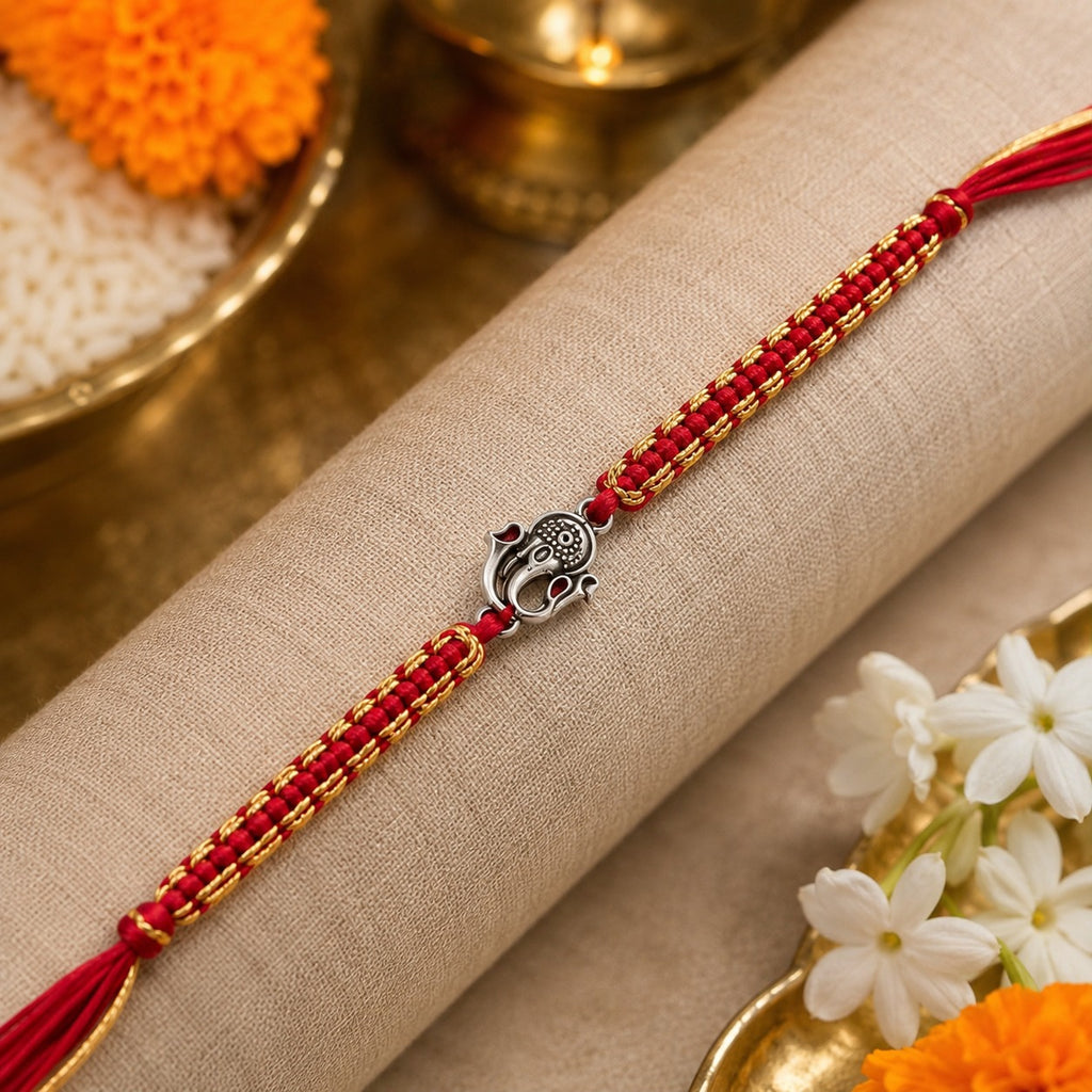 925 Sterling Silver Ganesha Rakhi for Brother | Handmade Red Mauli Thread Rakhi | Ganesh Rakhi Gift for Raksha Bandhan