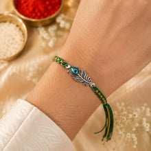 Load image into Gallery viewer, 925 Sterling Silver Morpankh Rakhi for Brother | Designer Peacock Feather Rakhi | Green &amp; Gold Thread Raksha Bandhan Gift