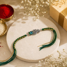Load image into Gallery viewer, 925 Sterling Silver Morpankh Rakhi for Brother | Designer Peacock Feather Rakhi | Green &amp; Gold Thread Raksha Bandhan Gift