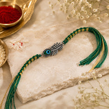 Load image into Gallery viewer, 925 Sterling Silver Morpankh Rakhi for Brother | Designer Peacock Feather Rakhi | Green &amp; Gold Thread Raksha Bandhan Gift