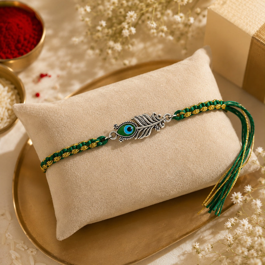 925 Sterling Silver Morpankh Rakhi for Brother | Designer Peacock Feather Rakhi | Green & Gold Thread Raksha Bandhan Gift