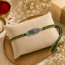 Load image into Gallery viewer, 925 Sterling Silver Morpankh Rakhi for Brother | Designer Peacock Feather Rakhi | Green &amp; Gold Thread Raksha Bandhan Gift